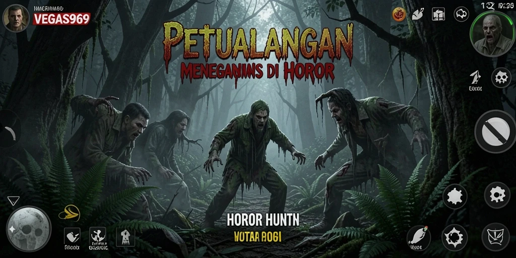 Tampilan menegangkan dari hutan horor dalam game VEGAS969.